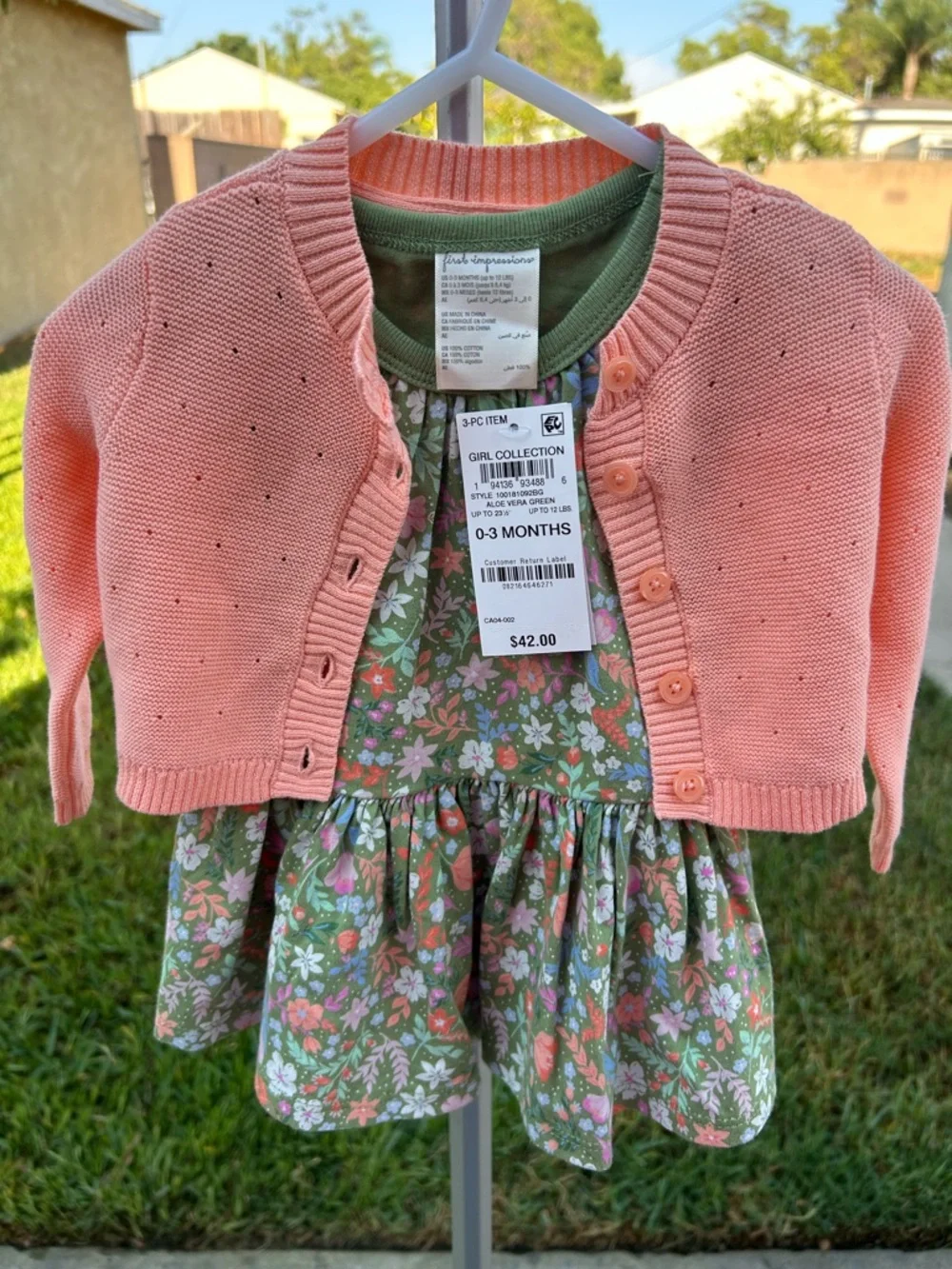 First Impressions Pink Cardigan with Green Floral Dress Set